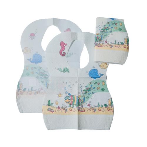 China Disposable Baby Bib, Waterproof Paper + PE Film 25*28cm+5cm with Pocket Manufacturer
